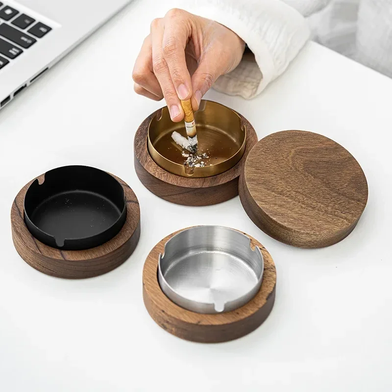 Wooden Ashtray With Lid Smokers Stainless Steel Liner Windproof Patio Office Home Cigar Holder wood ashtray cigarettes ashtray