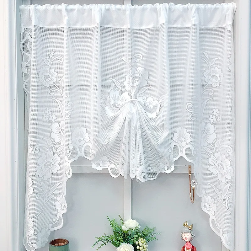 

American White Floral Lace Rod Pocket Pull Curtain Roman Lifting Sheer Voile Drape Door Bay Window Kitchen Partition