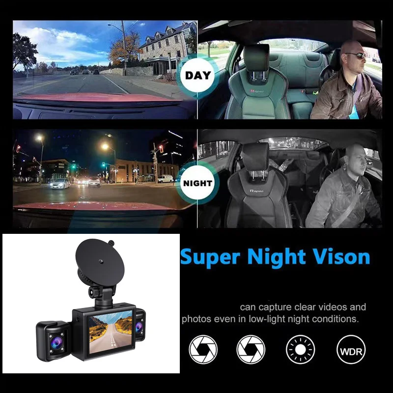 1080P 4CH Three Way Car DVR With Rotating Len Front Rear Interior Dash Cam Video Recorder Night Vision