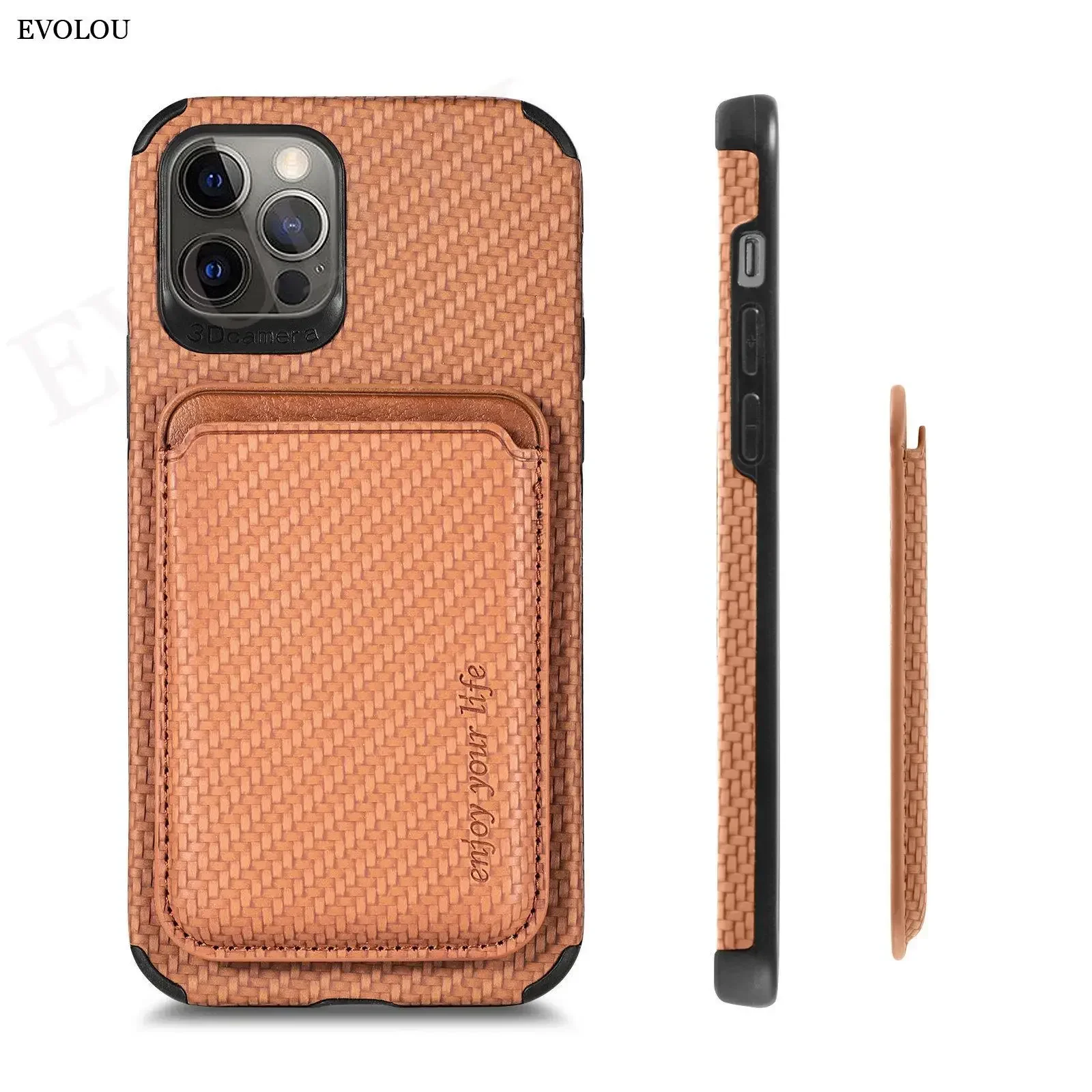 Premium Wireless Charging MagSafe Leather Case with Magnetic Card Slot and Carbon Fiber Design