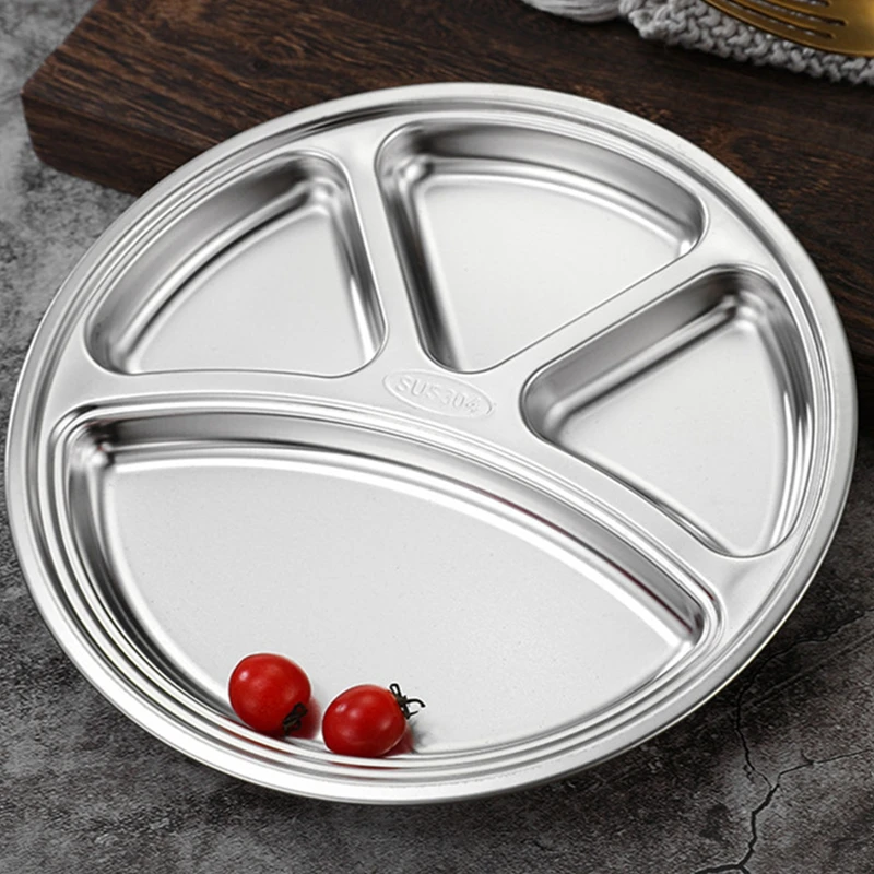 Stainless Steel Tray Divided Flat Compartment Food Trays Circular Dinner Trays Food Portion Plates With Divider Plate Dinnerware
