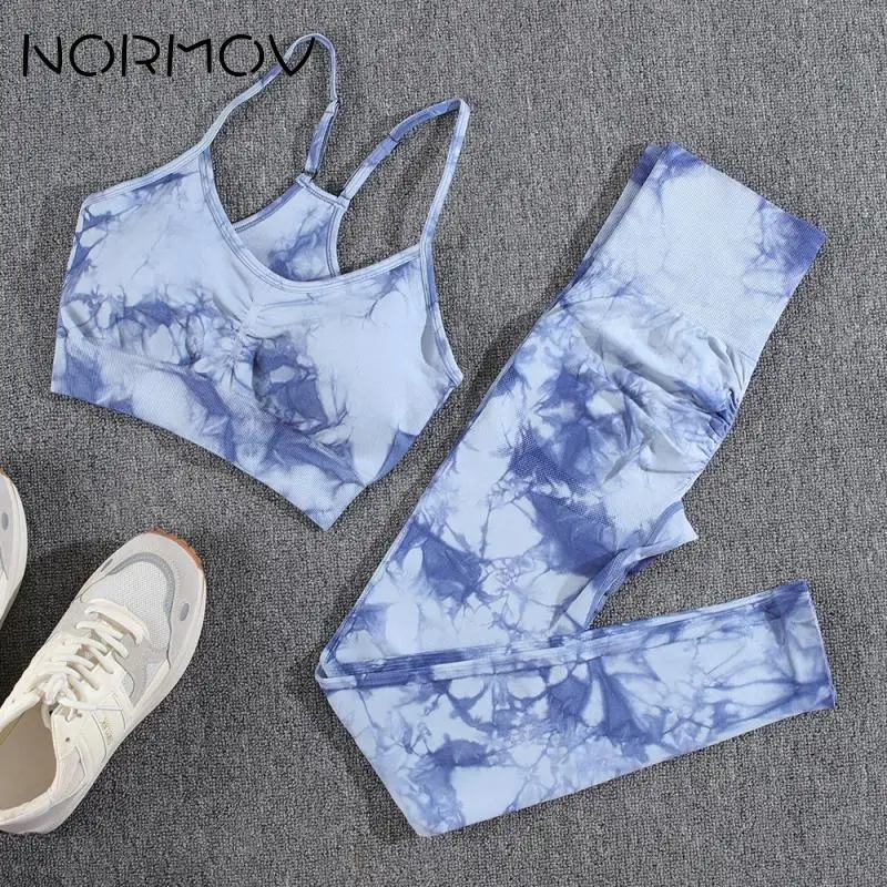 NORMOV Tie Dyeing Gym Set Seamless Women Sports Set Raises Butt Gym Set Women High Waist Workout Set Tracksuit Woman Tank Top