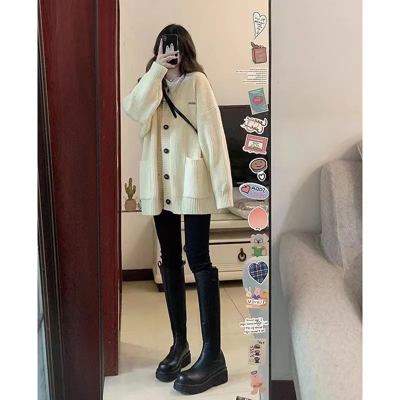 Women Sweater Cardigans Coats Autumn Winter Fashion Female Long Sleeve V-neck Loose Knitted Jackets Casual Cardigan Sweaters