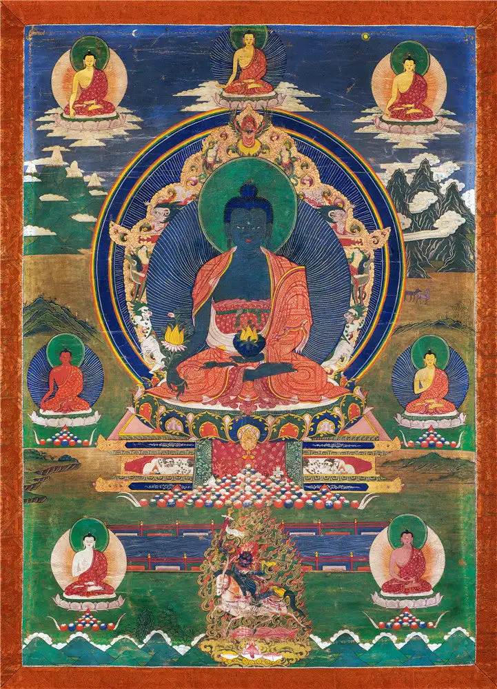 Muslimate Thangka - Eight Medicine Buddhas, Ganganra Buddista Tibetano Thangka Art, Giclée Stampato E Incorniciato A Mano, 47 "X 32"