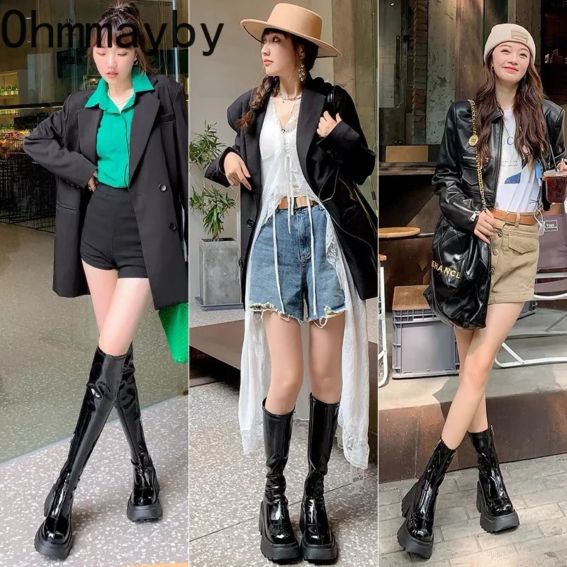 Punk Style Woman Knee-High Boots Zipper Fashion Patent Leather High Heel Ladies Shoes