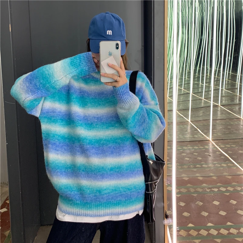 

2024 Women Green and Blue Striped Sweater Winter O Neck Green Stripped Sweater Gradient Pullover Knitted Loose Long-sleeved Tops