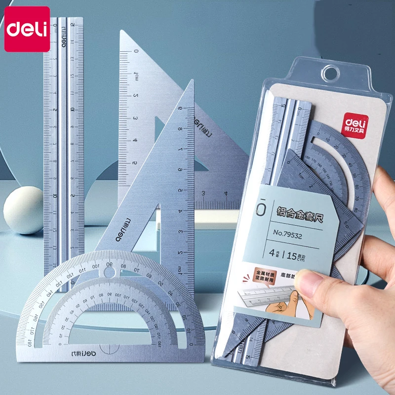 4 in 1 Deli Fizz Metal Ruler Stationery Set Aluminum Alloy Multifunctional Combination Ruler Triangle Protractor for Drawing 4 in 1 deli metal ruler stationery set aluminum alloy multifunctional combination ruler triangle protractor alloy drawing