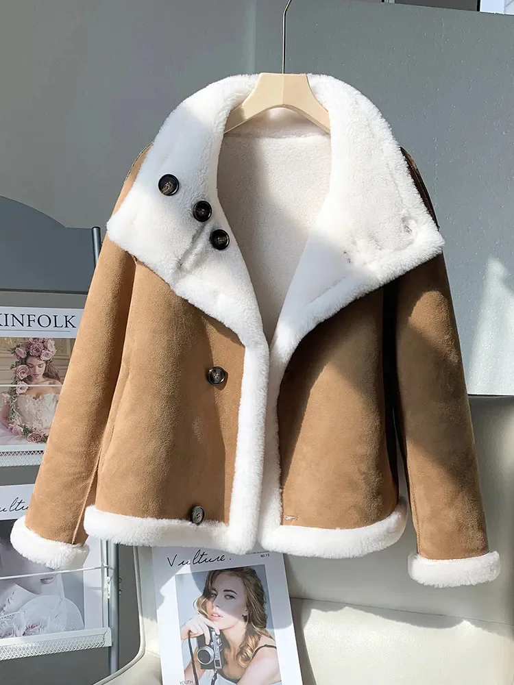 

2023 Short Double-Sided Wear Grain Sheepskin Full Lamb Fur One-Piece Coat Overcoat Women's Loose