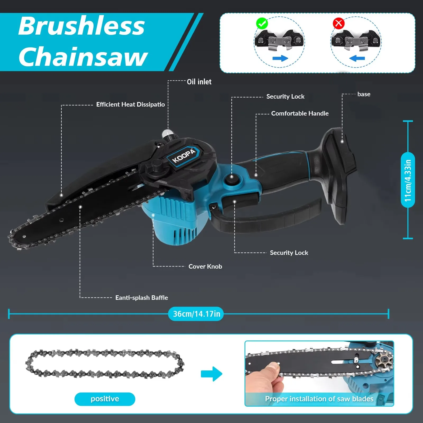 Koopa Tool 6-inch mini brushless electric chain saw, safety lock & automatic oiling system for wood cutting/branch pruning 3