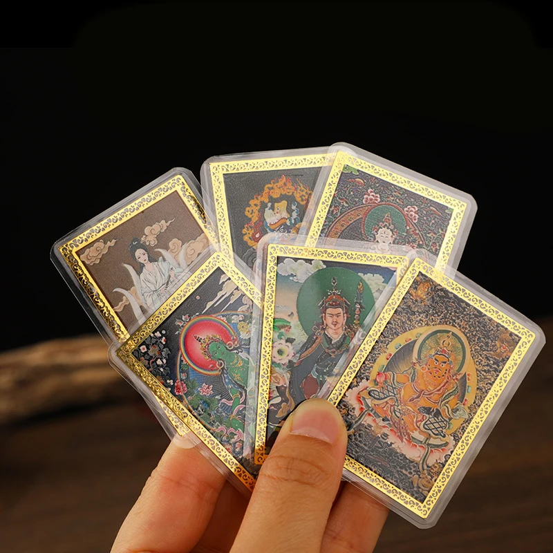 Collectible Cards Amulet Gold Card Phoka Color Painted Thangka Foca Tara God Of Wealth Manjushri Metal Copper Card Shakyamuni Plastic Sealed