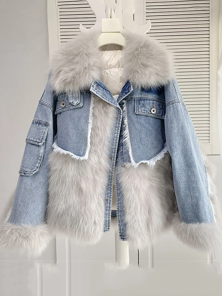 KBAT 2022 Women Winter Denim Jacket Oversize Large Fur Collar Plus Velvet Detachable Thick Loose Warm Bomber Jean Coat |