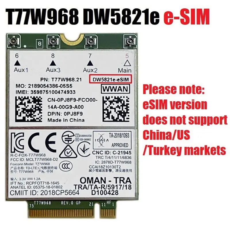 A23F-T77W968 Dw5821e E-SIM 4G LTE 모듈 CAT16 1Gbps FDD-LTE TDD-LTE E-SIM 4G 카드 모듈 키트(델 5420 5424 7424 7400용)
