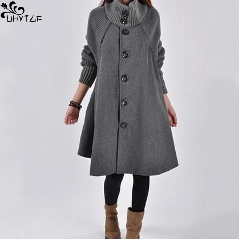 

UHYTGF M-5XL Woolen Coat Women New Autumn Winter Korean Loose Single Breasted Knitted Spliced Lady Mid-Length Cloak Windbreaker