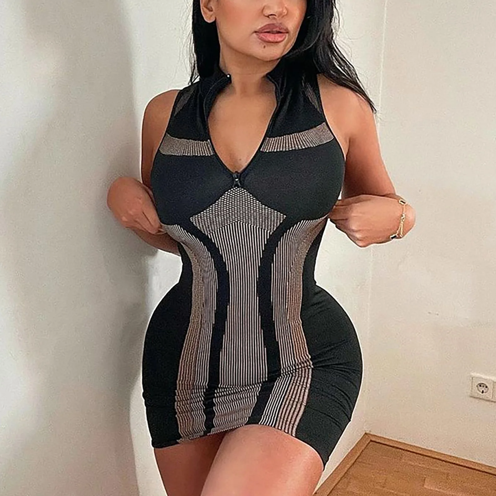 

Cocktail Dress For Women 2023 Stripe Print Cut Out Backless Sexy Zipper Sleeveless Dress Stretchy Vintage Evening Party Dress
