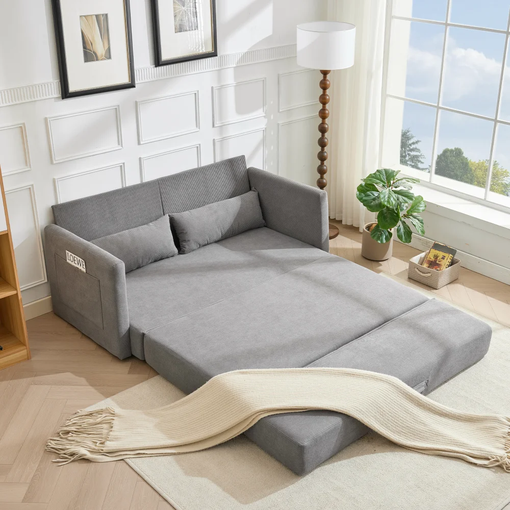 2-in-1 Konvertierbares Klappsofa-Bett aus Cord, 2-Sitzer Lounge-Couch mit Lendenkissen & Zeitschriften-Aufbewahrungstaschen, Beige – Detail 36