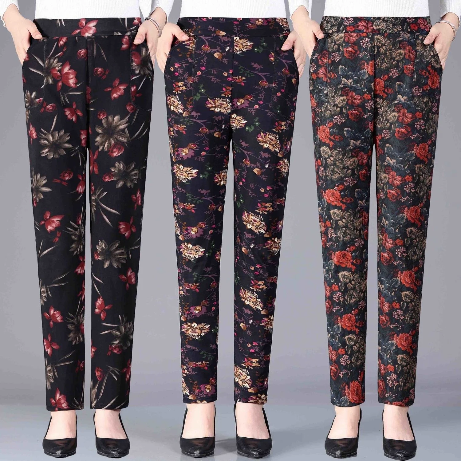 Winter Warm Leggings Women Autumn Middle Aged Female Casual Thick Velvet Pants Mom High Elastic Print Flower Trousers 4XL