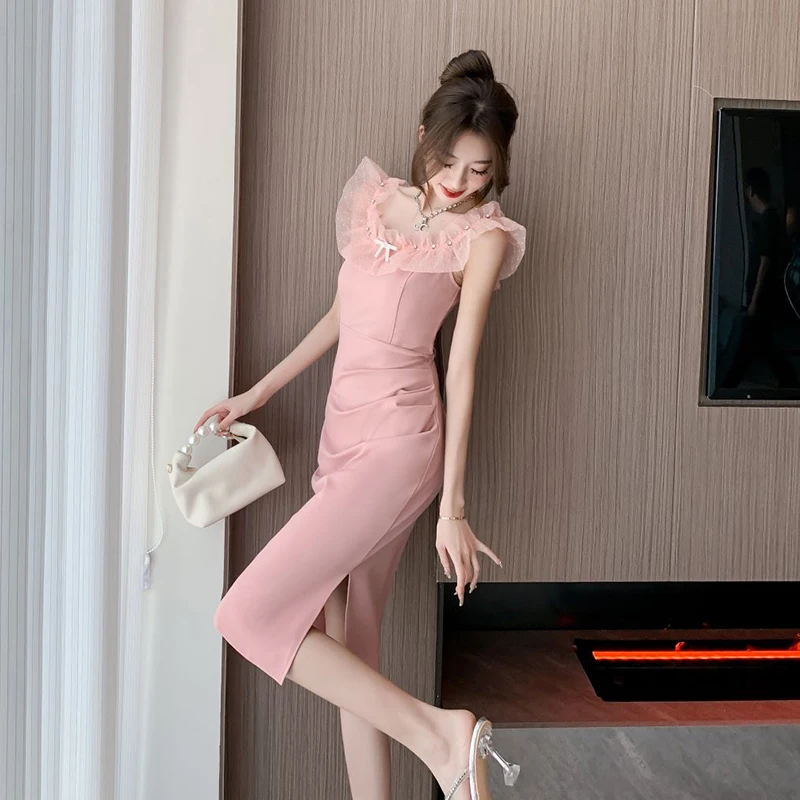 

Sexy Off Shoulder Slim Bodycon Dress for Women Stylish Mesh Trim Beaded Skinny Mid-length Summer Dress