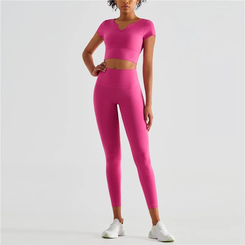 

Solid Color Gym Yoga Set With Chest Pad Fitness Short Sleeves+high Waist Back Pocket Yoga Legging 2pc Comprehensive Training Jog