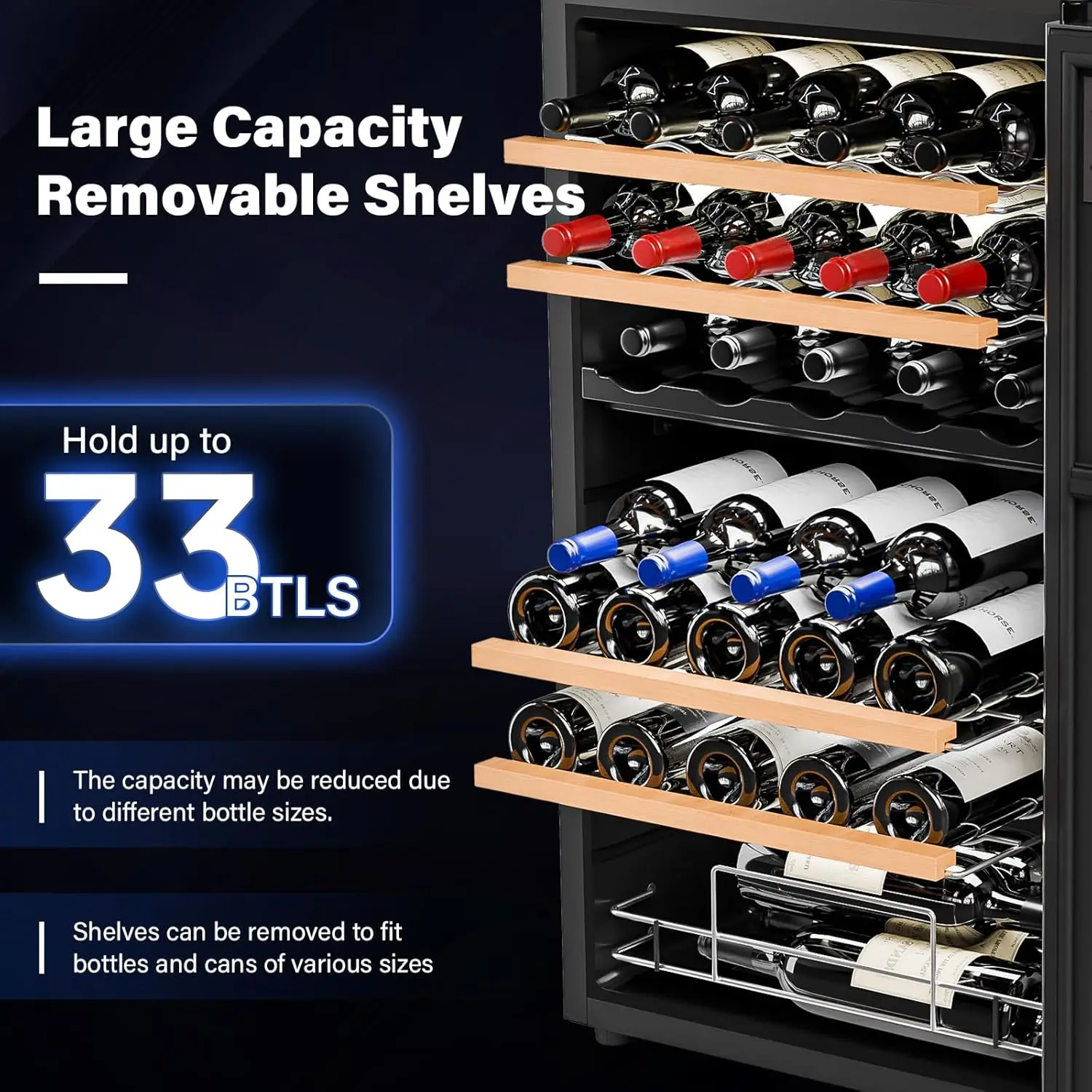 33 Bottle Wine Fridge, Dual Zone Wine and Beverage Refrigerator with Independent Temp & LED Control Panel, Freestanding W 3