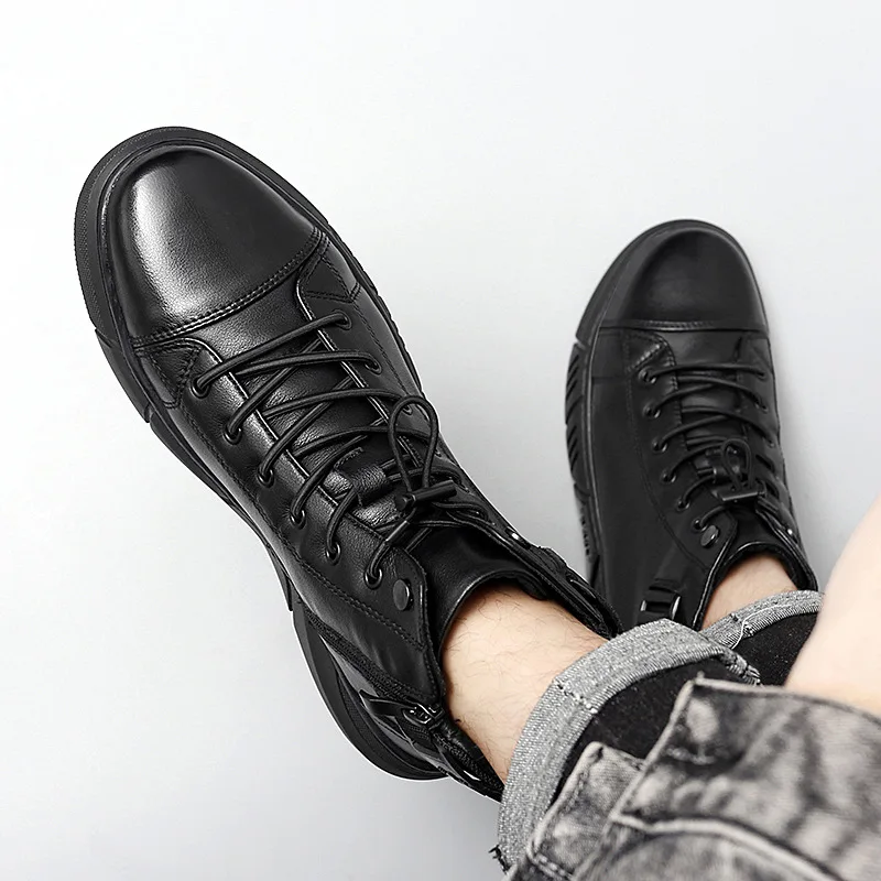2022 Autumn Winter Fashion Men's Ankle Boots PU Leather High Quality Comfortable Black Leather Platform Casual Shoes