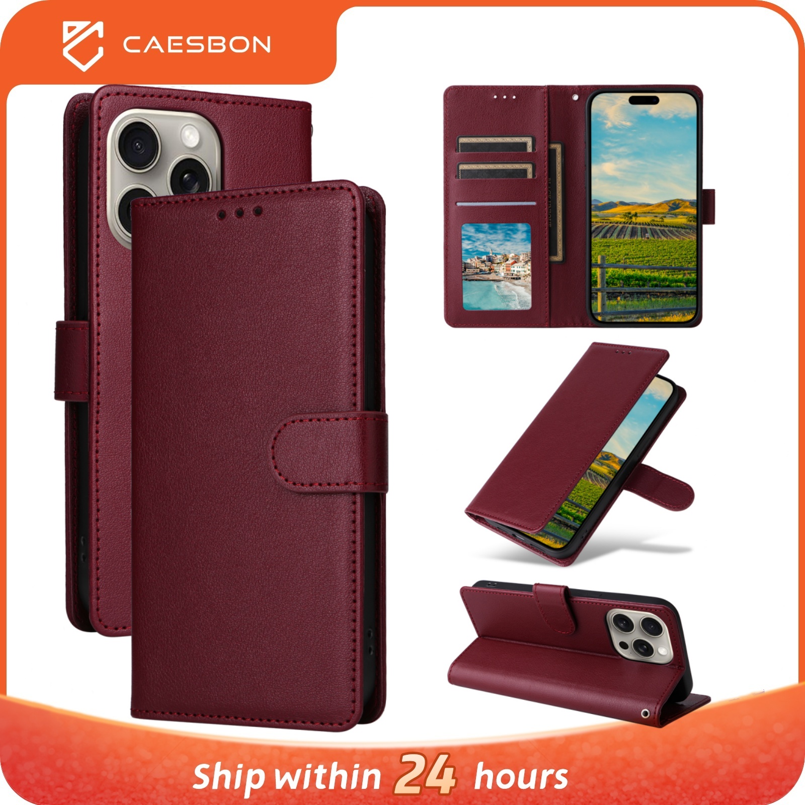 CAESBON Card Slot Leather Wallet Iphone 16 Phone Case For Iphone 16 Pro Max 16 Plus 16 15 14 13 12 Pro Max 15 14 13 12 Pro XS XR