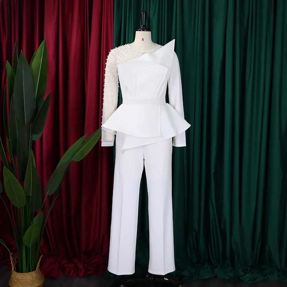 Elegant Beading Women Jumpsuit Pants Sexy Mesh Patchwork Party Rompers Casual Overalls Straight Pant Outfits for Women