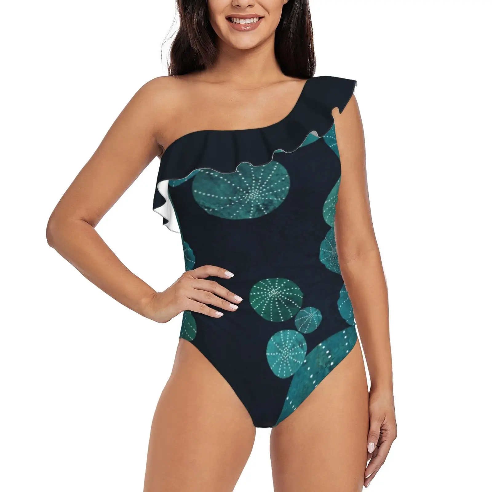 Turquoise Cactus Field One Shoulder Ruffle Swimsuit Women Swimwear Sexy Beach Wear Summer Bathing Suits Cactus Cacti Cactus Art