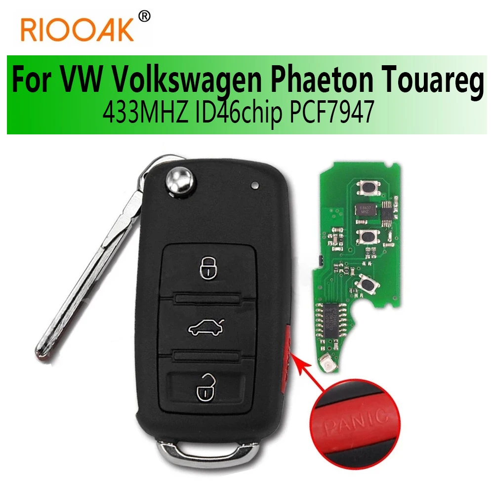 

Дистанционный брелок RIOOAK для VW Volkswagen Phaeton Touareg 2002-2010, 4 кнопки, без ключа, с чипом 46/чипом PCF7947, 433 МГц