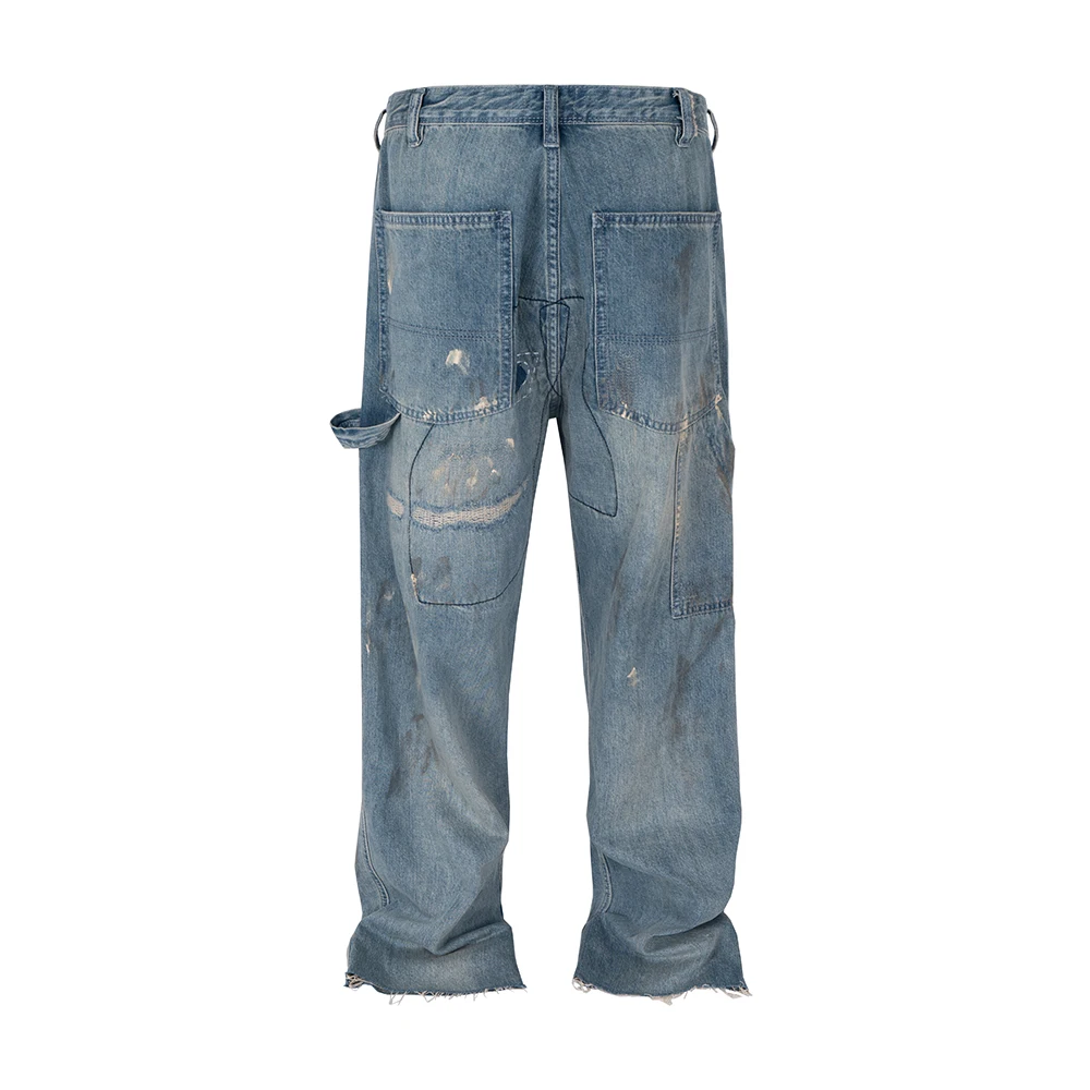 High Street Hole Distressed Splashed Ink Baggy Jeans for Men Straight Ripped Casual Loose Denim Trousers Oversized Unisex Cargos