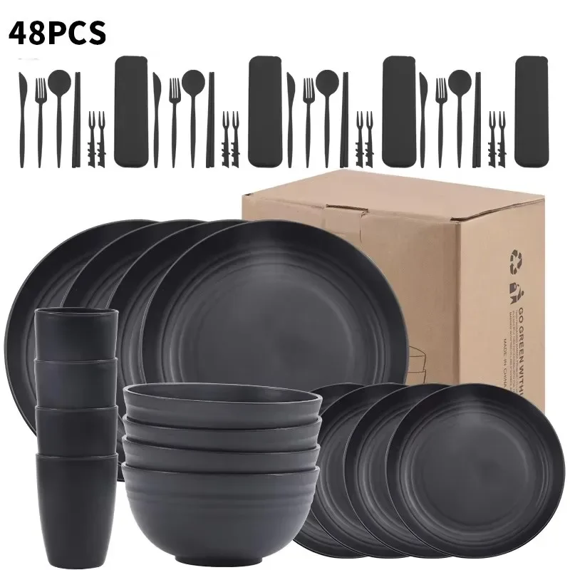 30/32 pc/set of black wheat straw PP tableware,including household plates,soup bowls,cupsand plates, reusable tableware