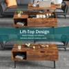 Adjustable Height Wooden Coffee Table with Hidden Compartments and Shelves Small Homes, Apartments, Reception Rooms, Rust Brown 4