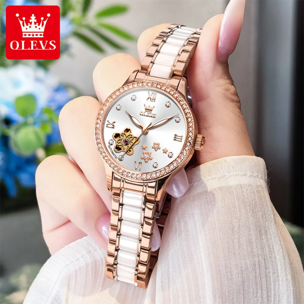 OLEVS 7074 Automatic Mechanical Watch For Woman Elegant Ceramics Steel Strap Hollow Flower Diamond Bezel Luxury Women's Watches