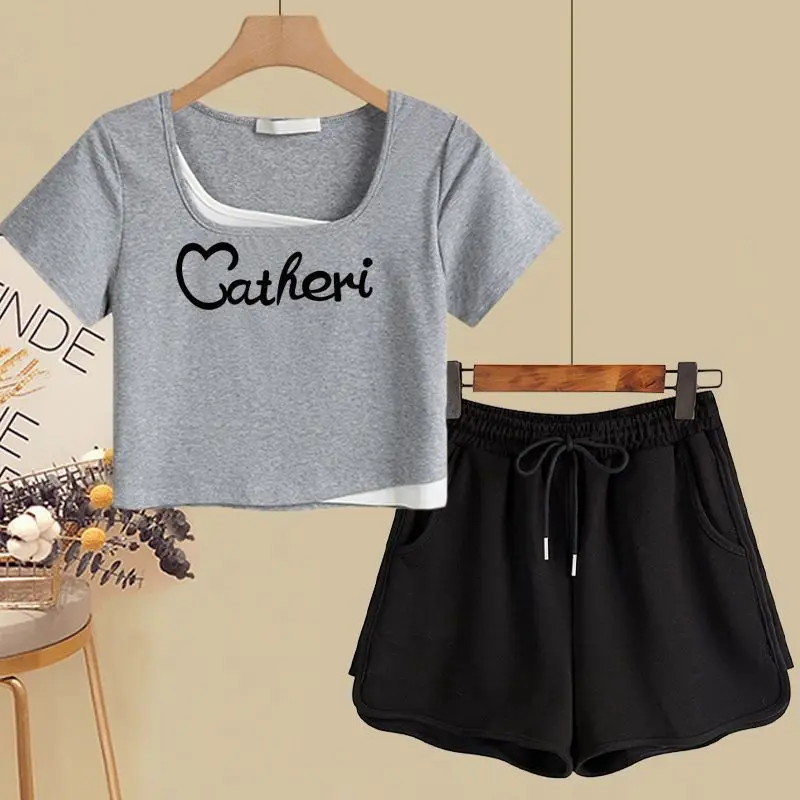 Pure Cotton Fake Two-piece Summer New Two-piece Set for Women's Loose Short Sleeved Shorts, Sporty Casual Slimming Two-piece Set
