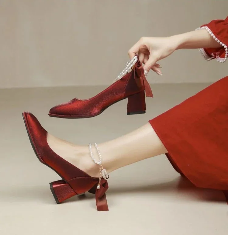 2025, neue rote Schleife, Perle, Mary Jane, Plateau-Lolita-Absätze für Damen, klobige Hochzeitsschuhe, wasserdichte Einzelschuhe mit mittlerem Absatz – Detail 9