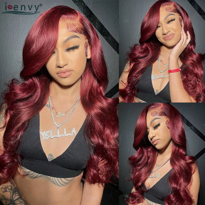 긴 34인치 99J 버건디 레이스 프론탈 인모 가발 13X4 13X6 HD 바디 웨이브 레이스 프론트 가발 프리 플러킹 밝은 레드 헤어 가발