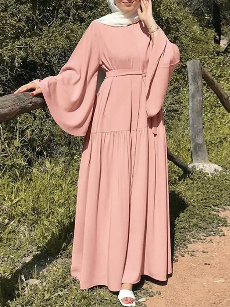 2023 Muslim Fashion Leisure Flared Sleeves with Belt Long Dresses Muslim Dress Women Turkish Abayas Robe Pour Femme Musulmane