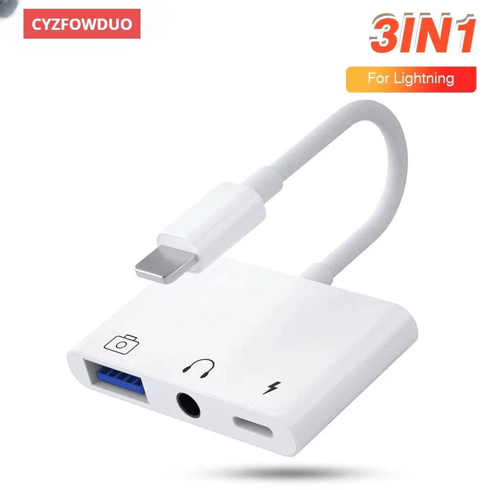 3 in 1 for apple to USB 3.0/Charge/3.5mm Jack for iPhone 14 13 12 11 Pro XS Max XR X iPad Converter