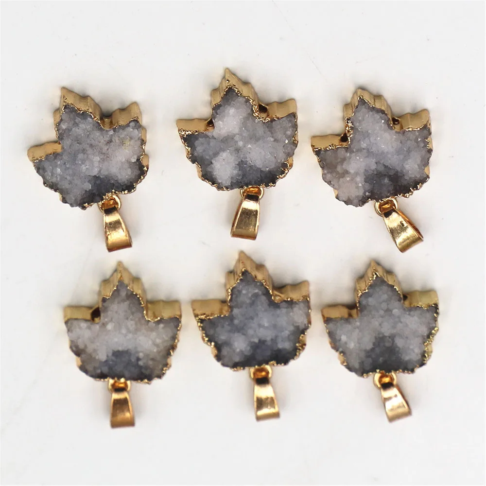 [Free Shipping] Fashion Natural Raw Stone Gray Maple Leaf Crystal Bud Agate Necklaces Ear Pendant DIY Jewelry Wholesale 5Pcs/Lot