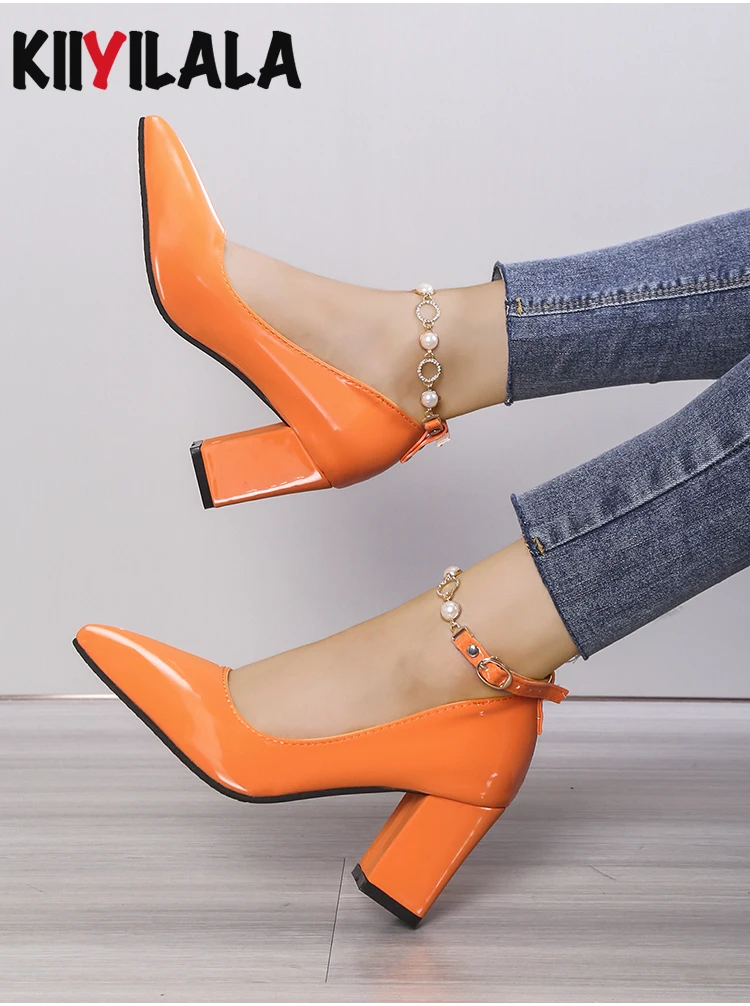 Orange Pearl Crystal Embellished Chain Pumps with Chunky Heels and Pointed Toes in Patent Leather