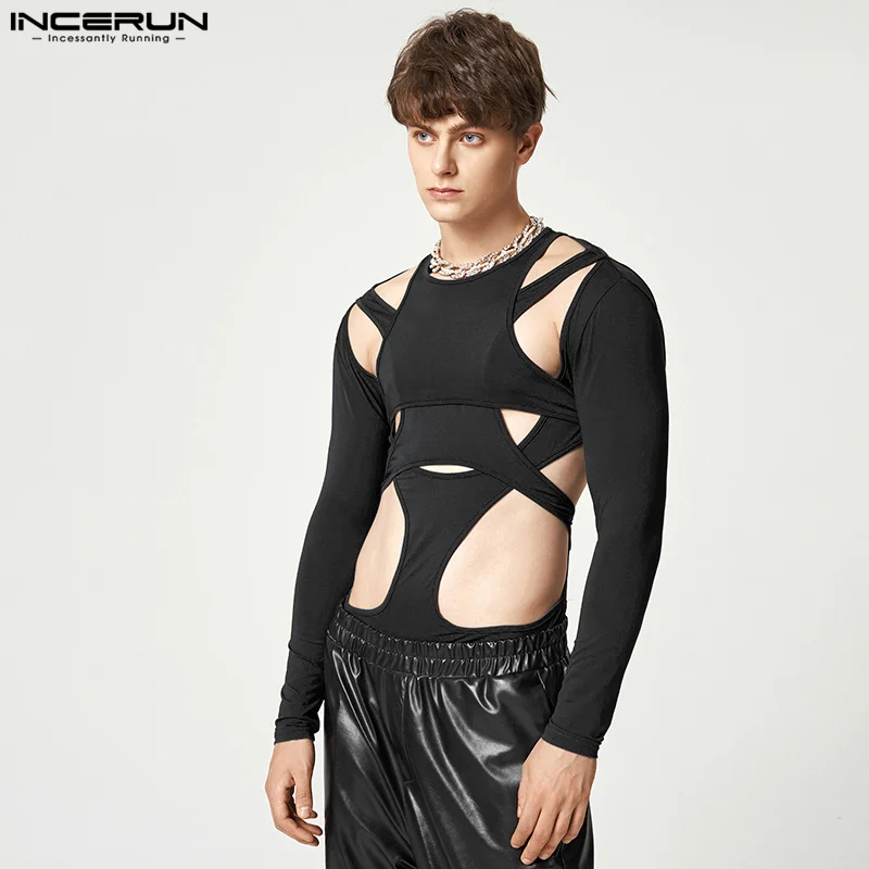 Sexy Leisure Style Loungewear Men's Hollow Onesies Stylish Male Jumpsuit Solid Long Sleeve Triangle Bodysuits S-5XL INCERUN