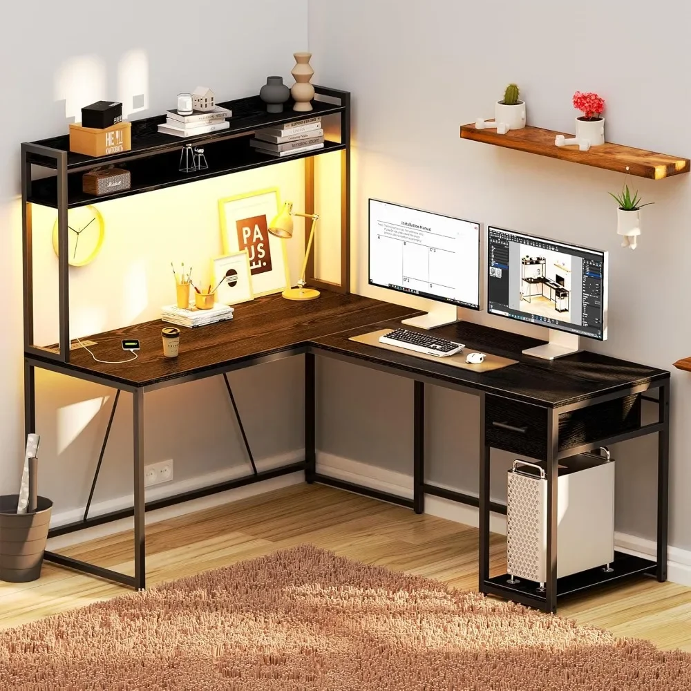 L Shaped Gaming Desk with LED Lights & Power Outlets, Reversible L Shape Computer Desk with Storage Drawer & Shelf 3