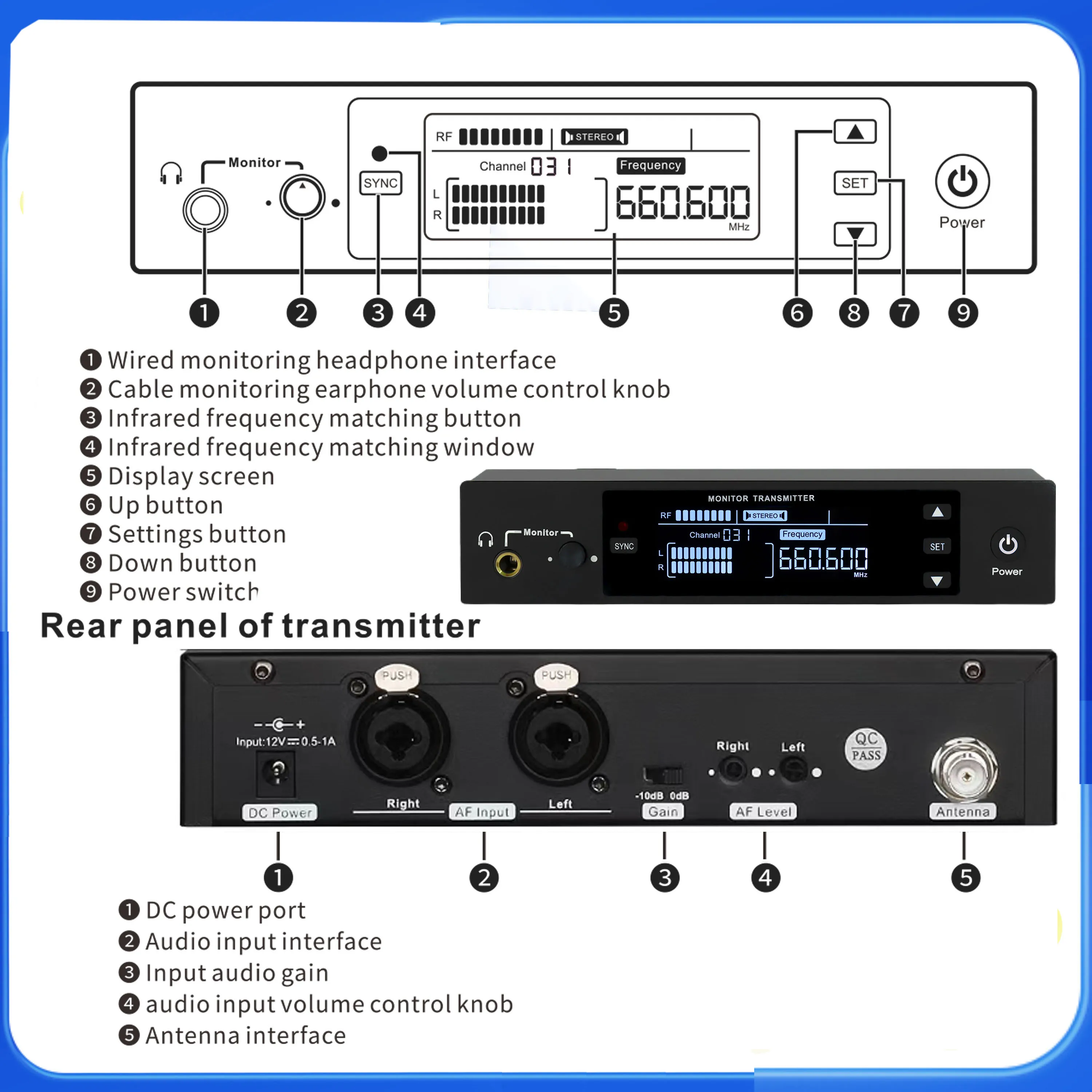 LCZ Audio PSM6 Professional IEM Stereo / Mono Switchable In Ear Monitor Frequency Adjutable From 500Mhz 600Mhz 800Mhz 900Mhz