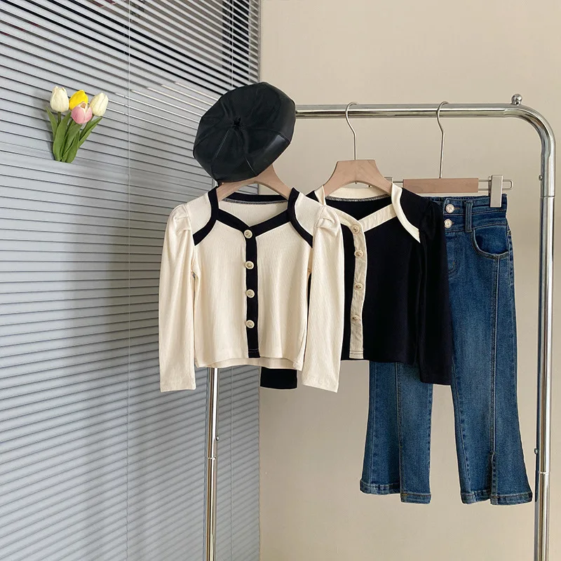 

2024 Kids Girls Autumn Spring Clothes Set Cotton Denim Flared Pants Suit Border Single Breasted Pullover Children Girls Outfit