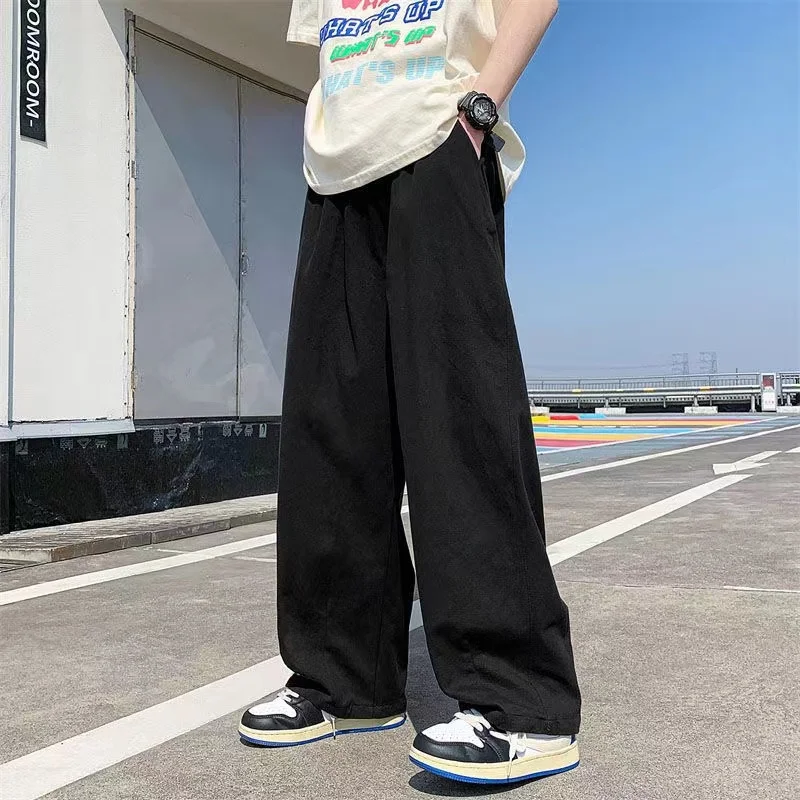 Men Wide Leg Pants Spring Cotton Solid Color Casual Korean Loose Straight Trousers S-5XL