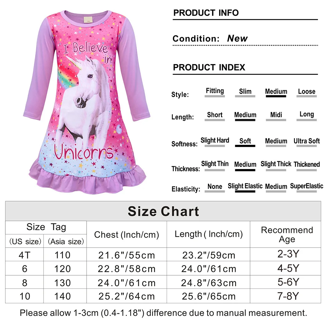 Jurebecia Girls Two Piece Pajamas Set Childrens Unicorn Nightdress Long Sleeved Printed Dress Children's Clothing