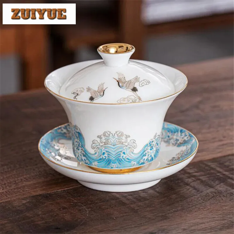 120ml White Nephire Porcelain Gaiawan Crane Wave Plated Tea Bowl Household Gaiwan Teacup Kung Fu Puer Tea Set Ceremony