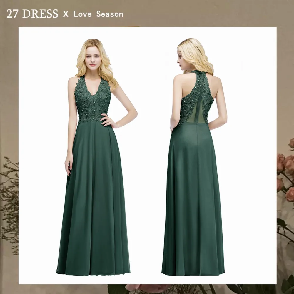 

In Stock Bridesmaid Dresses Long Chiffon Lace Wedding Party Guest Gowns Pearls Back Evening Vestido De Noche De Boda Sleeveless