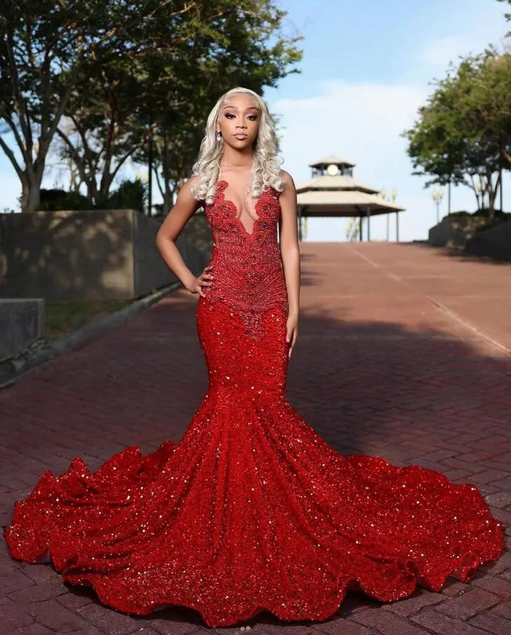 

Red Sparkly Long Mermaid Evening Formal Party Dresses for Black Girl Luxury Diamond Velvet Prom Birthday Gala Ceremony Dress