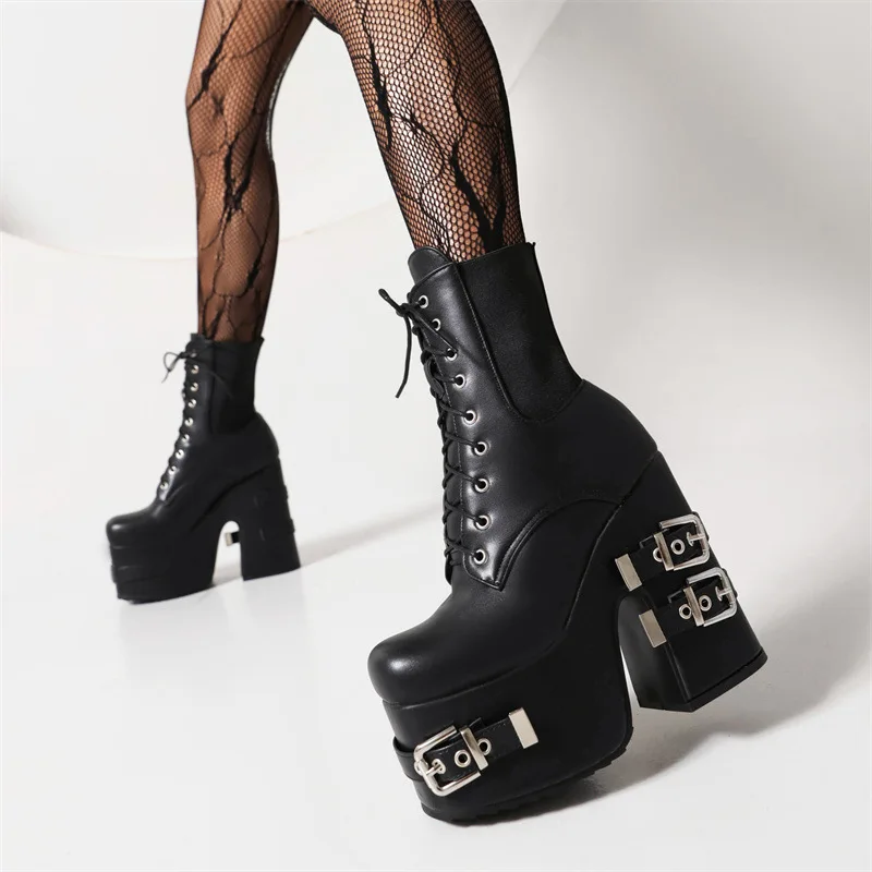 

Dropshipping rock-punk heels platform heels square toe metal belt buckle motorcycle boots zip low leg lace-up women's boots