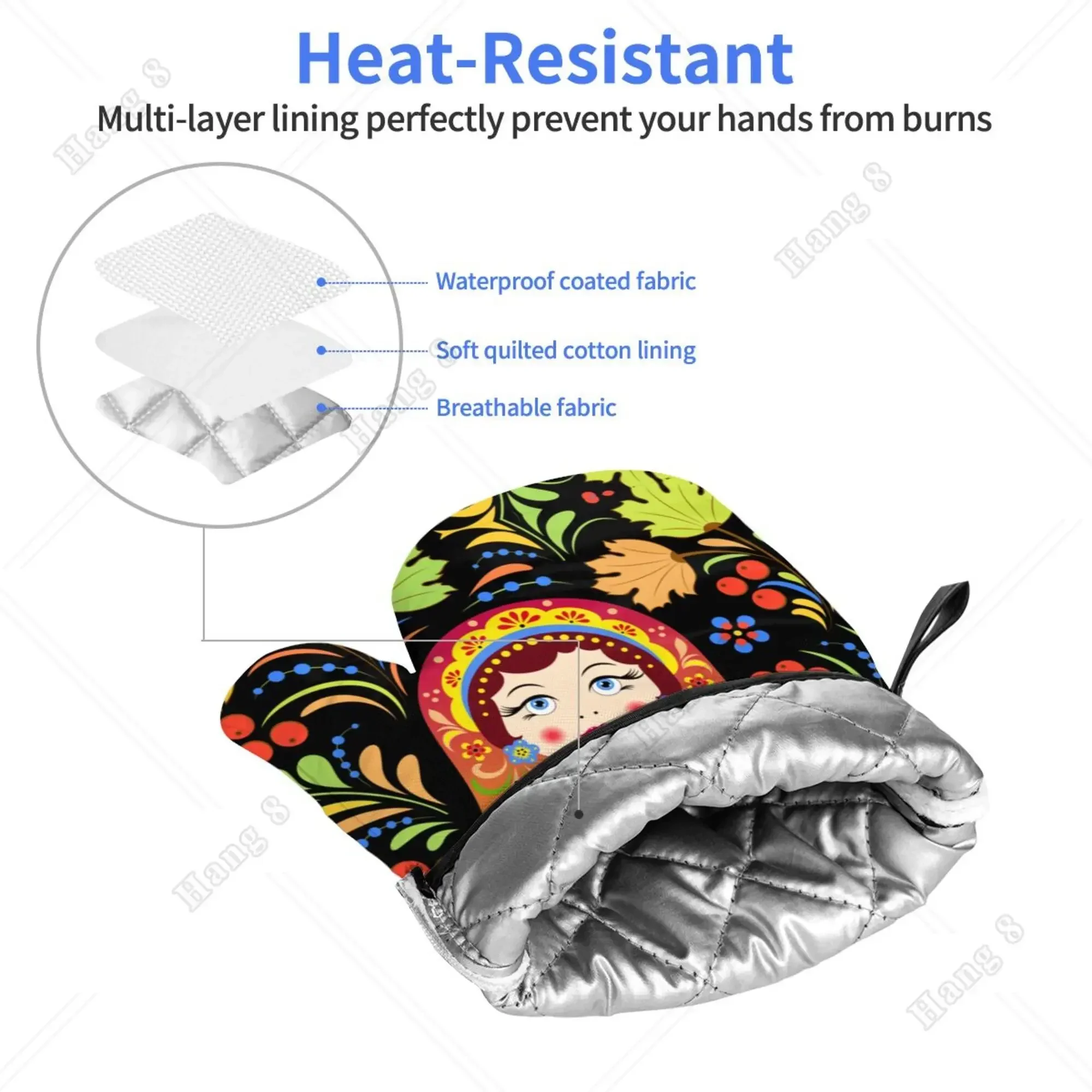 Fashion Print Russian Babushka Matryoshka Doll Set of 2 Kitchen Gloves Women Men Oven Gloves Heat Resistant for BBQ Cooking kitchen gloves